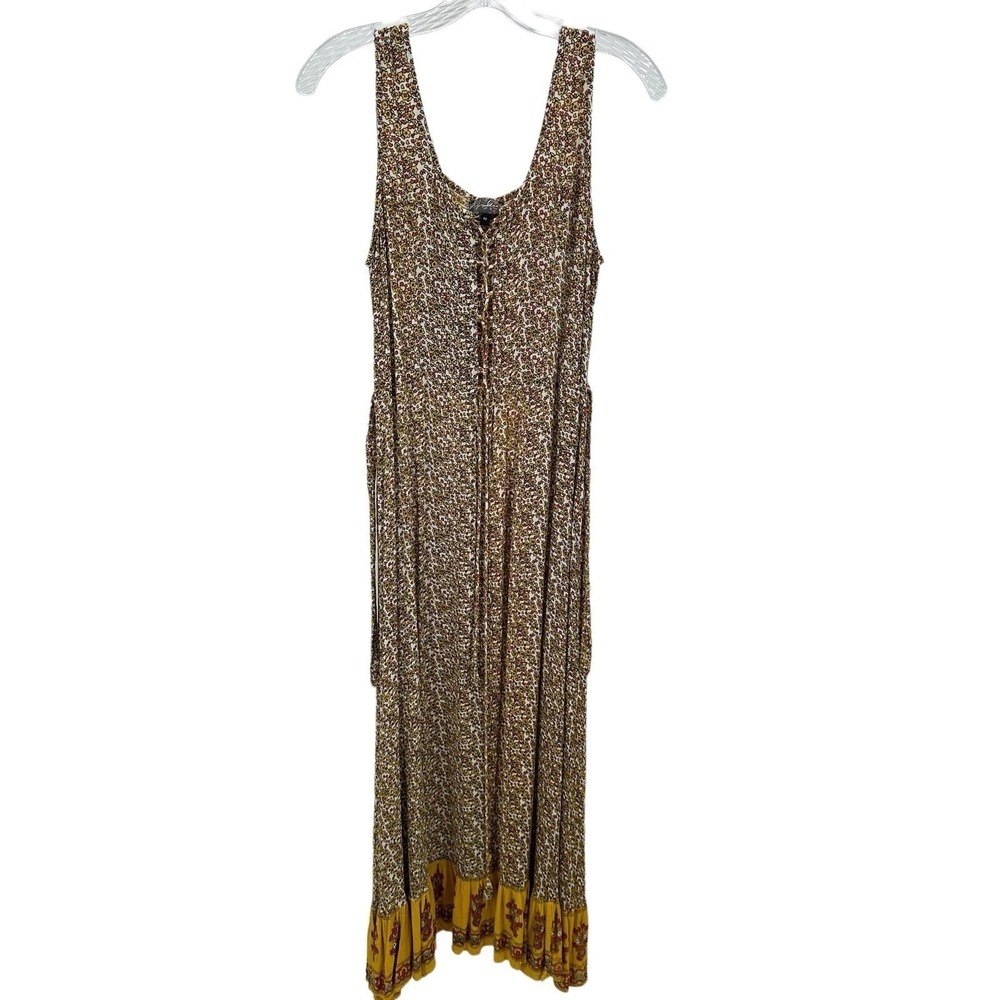 J. Glee Floral Paisley Lace Up Women M Smocked Back Maxi Dress Yellow Brown Y2K